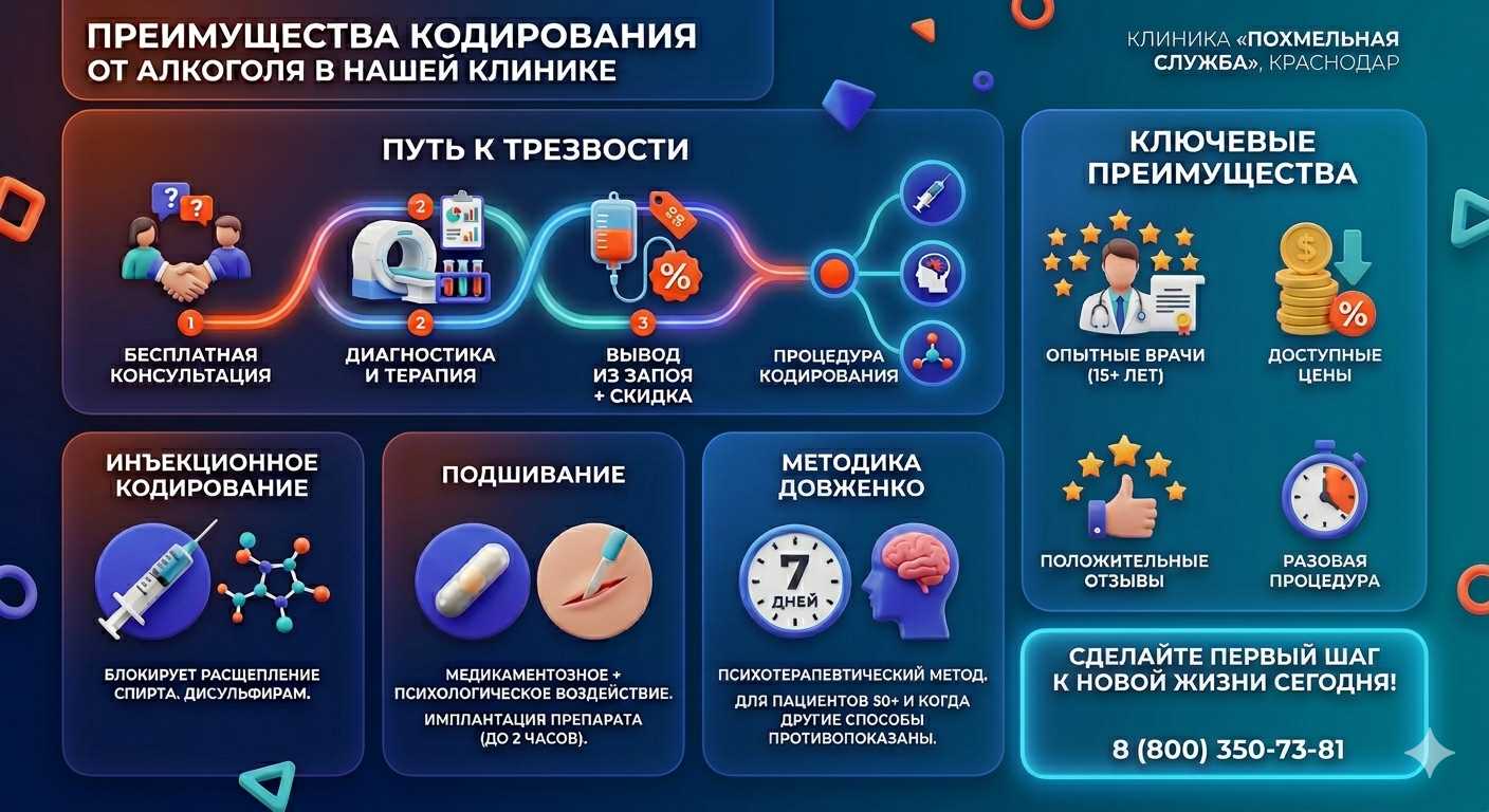 Инфографика о методах кодирования от алкоголя в Лесном Городке: инъекции, подшивание, метод Довженко. Преимущества клиники и этапы лечения.